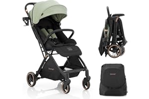 Gromast Gravity Folding Baby Stroller - Portable Travel Toddler Stroller w/Adjustable Backrest, Canopy & Cup Holder, Lightweight and UV Protected, One-Hand Automatic Folding - Green
