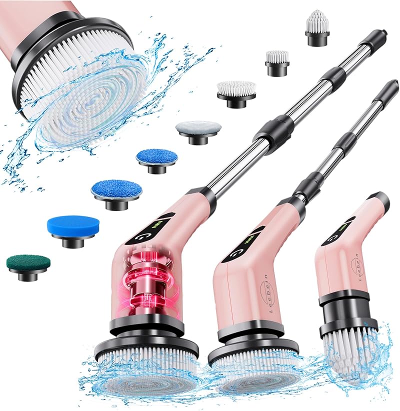 Leebein Electric Spin Scrubber Cordless 300/400RPM 12-54in Extendable Rose