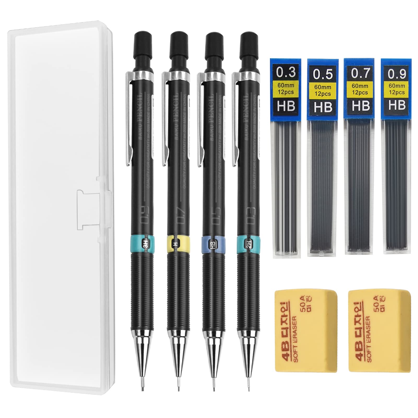 4Pcs Mechanical Pencil Set - 0.3, 0.5, 0.7, 0.9mm HB Automatic Propelling Pencil with Rubber, Refill, Case for Artist & School Drawing, Sketching