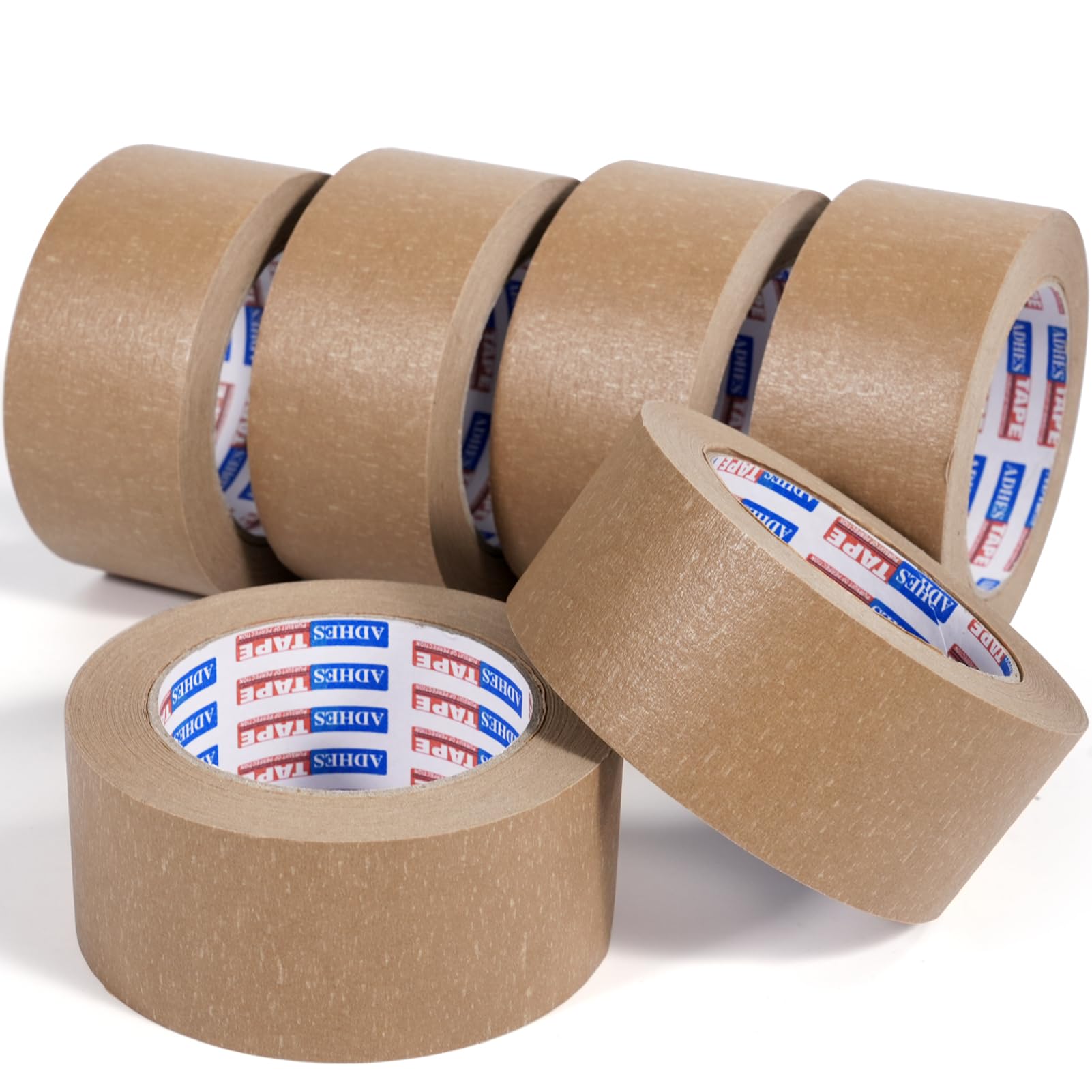 ADHES Biodegradable Kraft Paper Tape Eco Friendly Packing Tape Writable Non-Coated Surface for Masking, Sealing, and Packaging Use,5cm x 52m,6Rolls