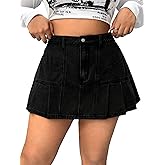 WDIRARA Women's Plus Size Denim Pleated Mini Skirts High Waist A-Line Casual Jean Skirts