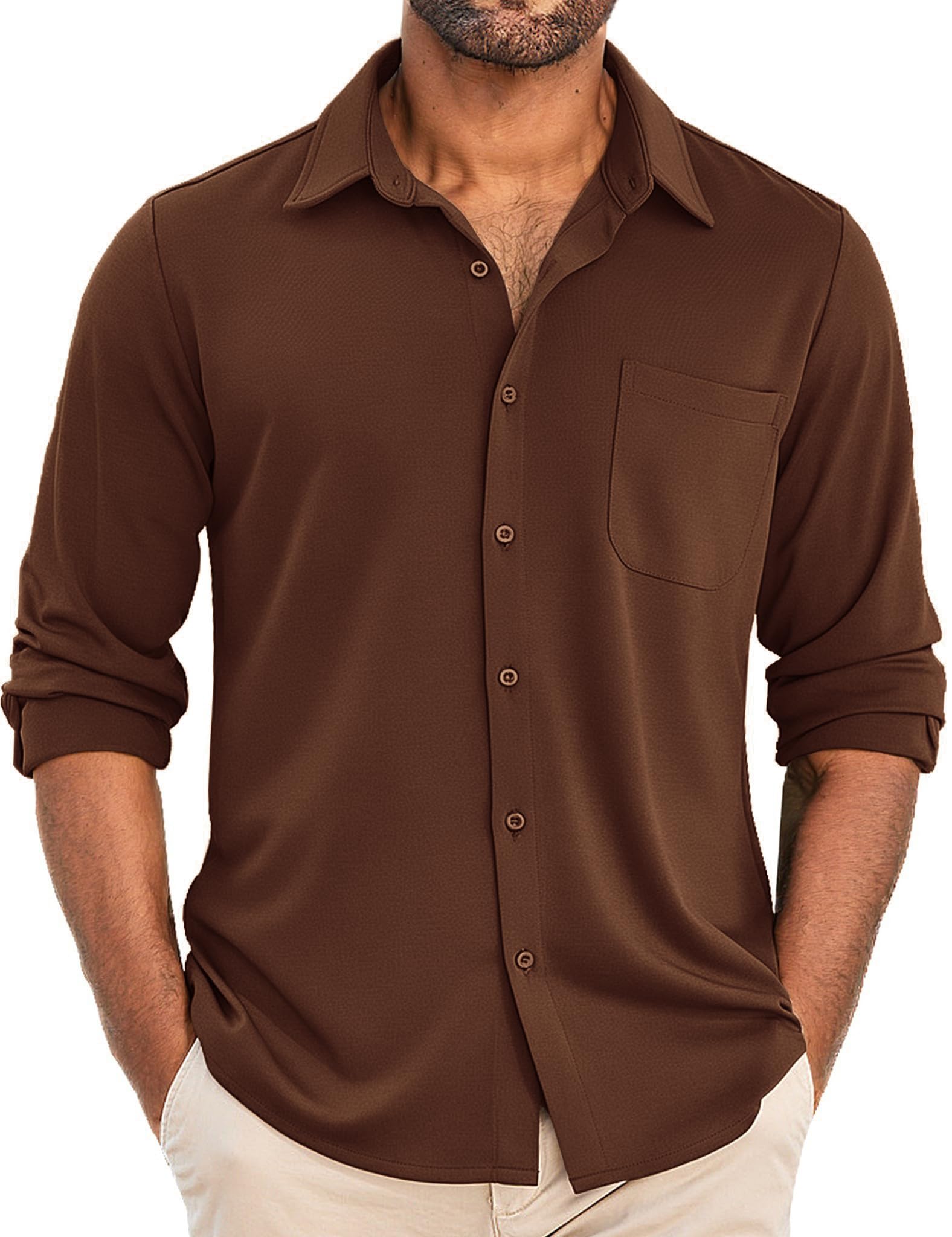 Photo 1 of COOFANDY Men's Untucked Shirts No Tuck Untuckit Long Sleeve Button Down Shirts Brown