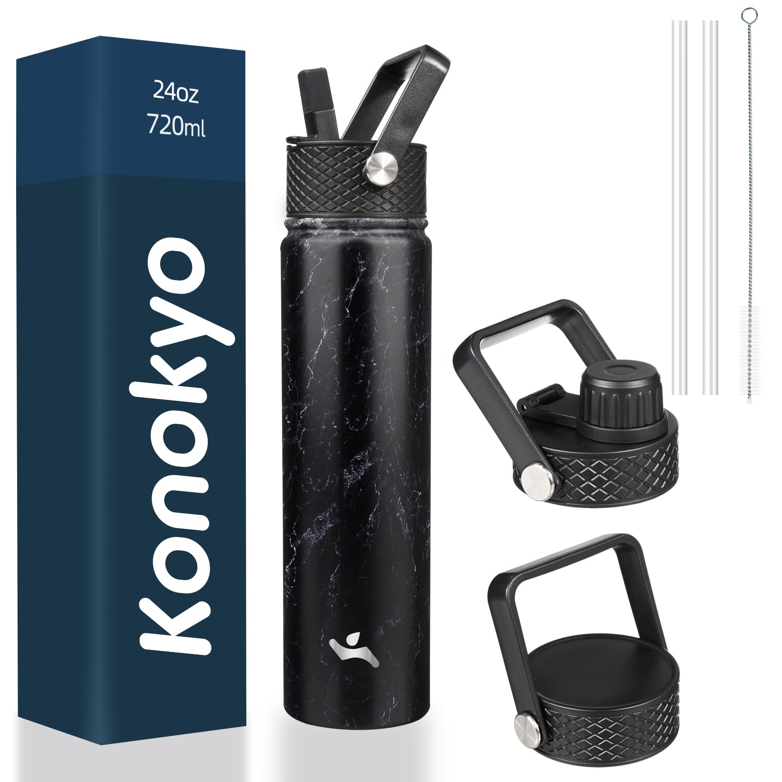 Photo 1 of (USED/FAIR) Konokyo Insulated Water Bottle 24oz Stainless Steel Sport Bottles with 3 Lids,Marble Midnight