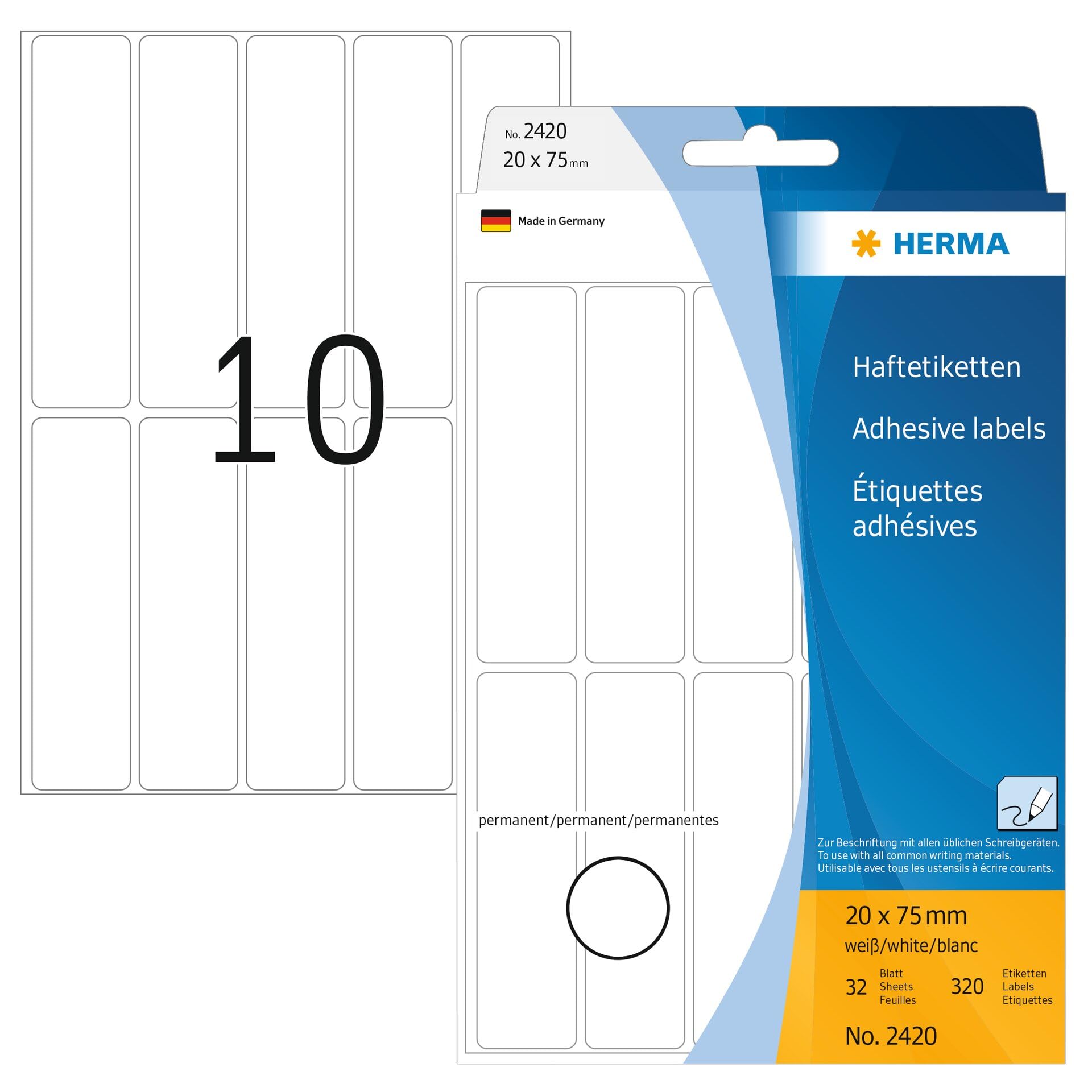 HERMA Multi Purpose Labels, 10 Labels per Sheet, 32 Sheets, 20 x 75 mm, 320 Labels, Self Adhesive Small Labels Stickers, Blank Sticky Labels for Office Kitchen Home, White