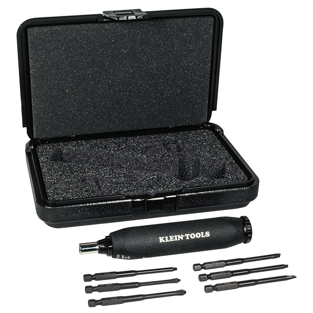 KLEIN TOOLS 57032 Screwdriver Set, Made in USA, Torque Screwdriver Kit with Phillips, Slotted, Square Bits, 1/4-Inch Nut Driver, Case Included, 6-Piece