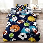Leaflin Kids Boys Comforter Set Twin Bed in a Bag w/Sheet Sets, Blue Twin Bedding Sets for Teens Soccer Basketball Baseball Football Sports Themed Bedroom Decor Reversible Design