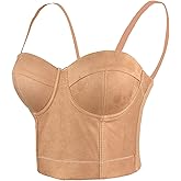ELLACCI Faux Suede Leather Bustier Crop Top Push Up Women's Corset Top Bra Brown