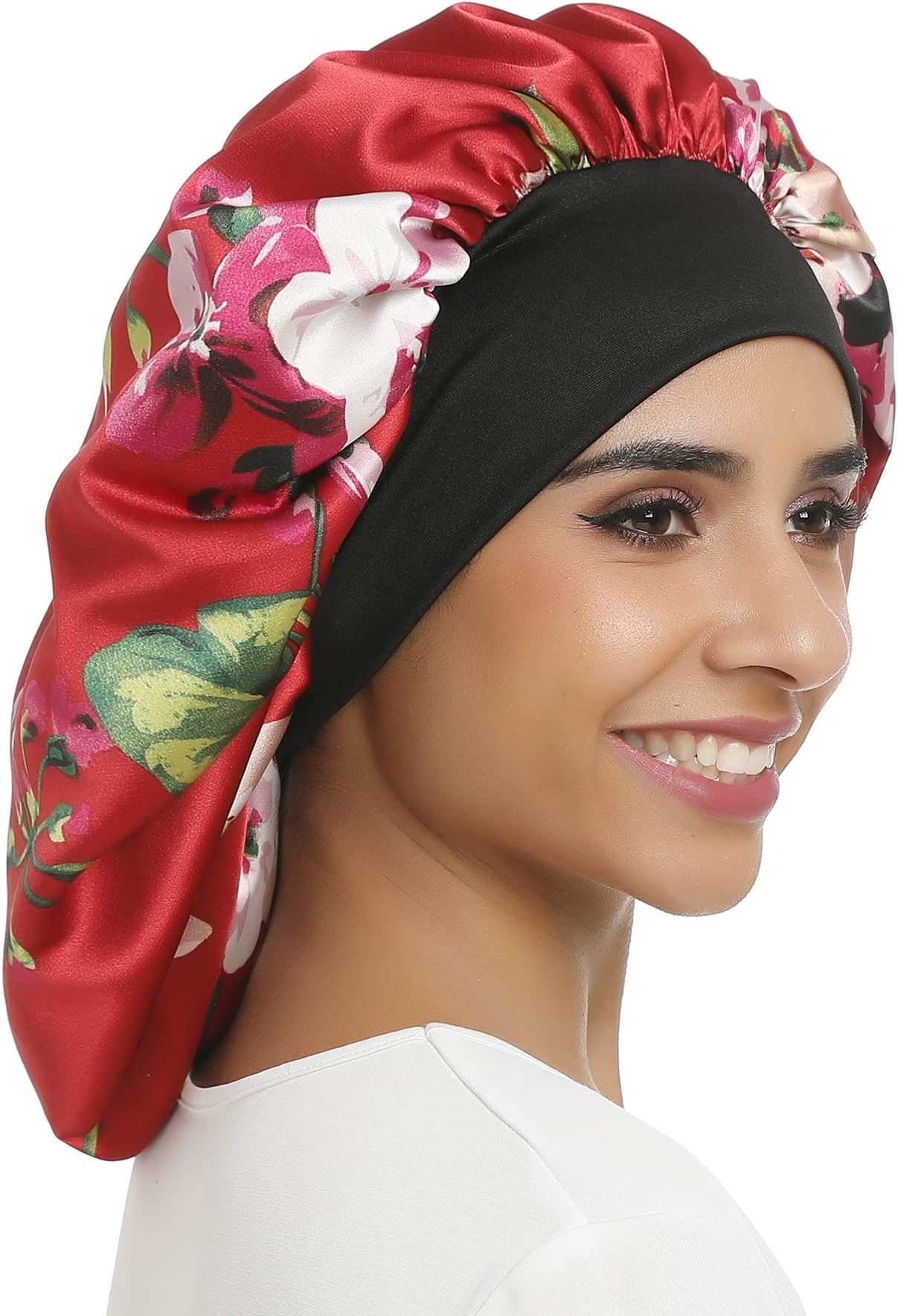 Double Layer Satin Large Bonnet Sleep cap Sliky bonnet Wide Elastic Band for Curly,Natural,Long Hair(Large size, Large Red flower)