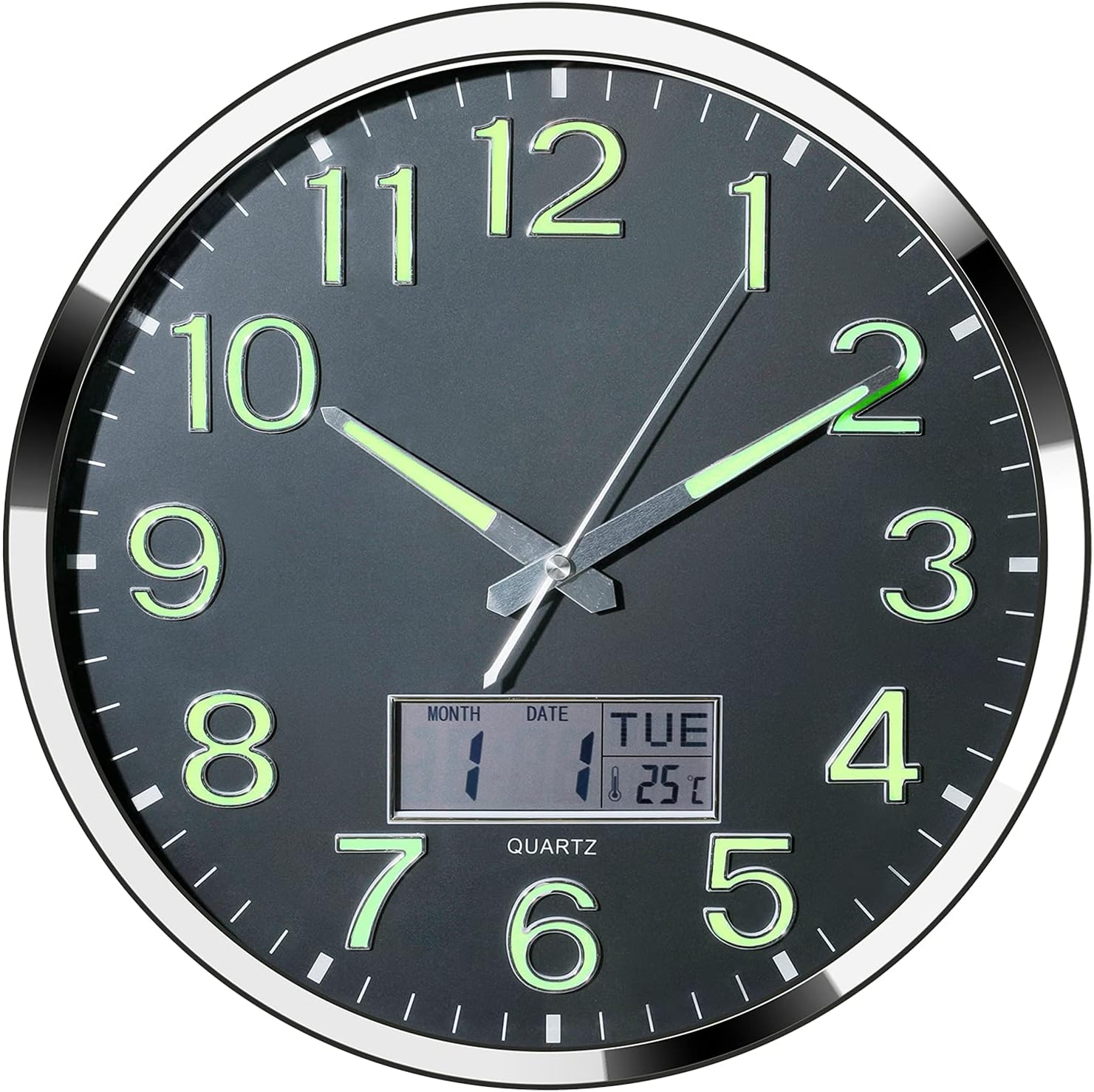 Luminous Wall Clock - 14’’ Extra Large Wall Clocks with Glowing Function LCD Display - Silent Movement for Kitchen Bedroom - Digital Wall Clocks Display Date Week Temp - Battery Operated (Green Light): Kitchen & Dining