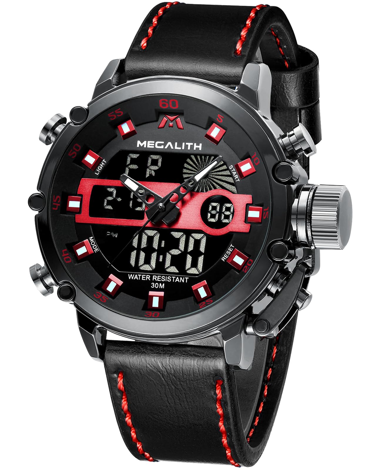 MEGALITH Digital Mens Watches Military: Sports Watches for Men Waterproof - Tactical Heavy Duty Wrist Watch Stopwatch Alarm Black Leather Strap