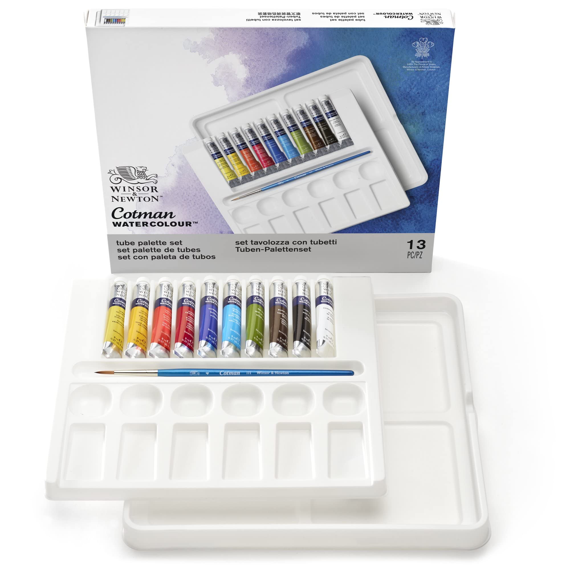 Winsor & Newton, Cotman Watercolour, 'Tube Palette Set', 10 x 8ml Tubes + 1 x Cotman Watercolour Round Brush