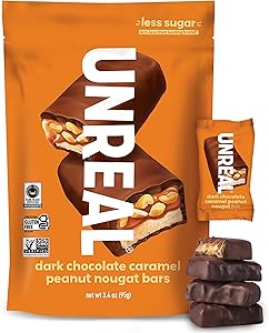 UNREAL Dark Chocolate Caramel Peanut Nougat Bars (1 Bag), 70% Organic Ingredients, Fair Trade, Non-GMO, No Corn Syrup, Sugar 