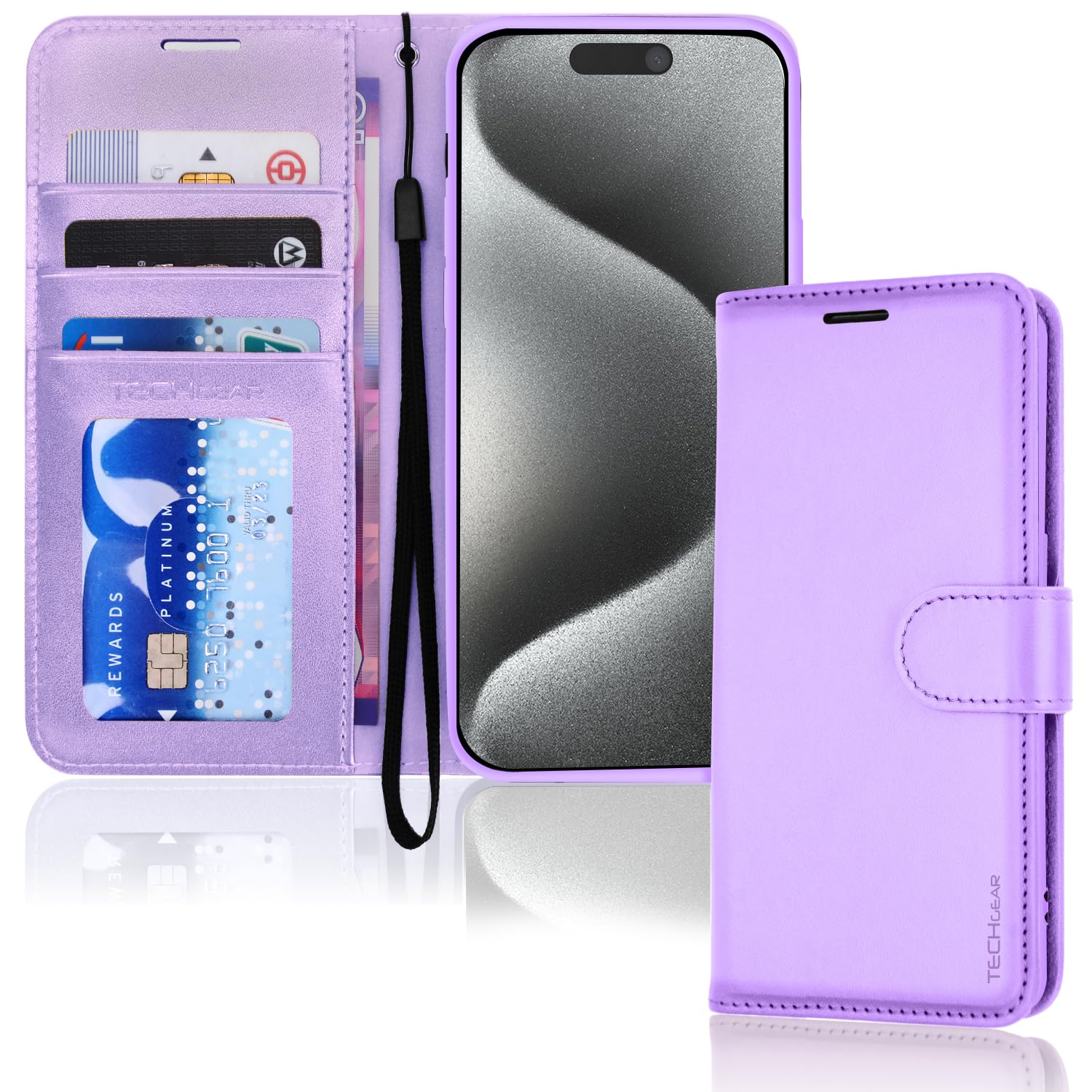 TECHGEAR iPhone 15 Pro Max Leather Wallet Case, Flip Protective Case Cover with Wallet Card Holder, Stand and Wrist Strap - Purple PU Leather with Magnetic Closure Designed for iPhone 15 Pro Max 6.7"