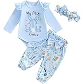 Honganda My First Easter Baby Girl Outfit Ruffle Sleeve Bunny Romper Onesie with Bow Pants Headband 3Pcs Easter Clothes Set