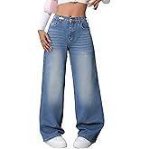 Handfrog Jeans for Women Baggy Wide Leg Elastic Waist Low Mid Rise Denim Pants with Pockets Y2K 90s Boyfriend
