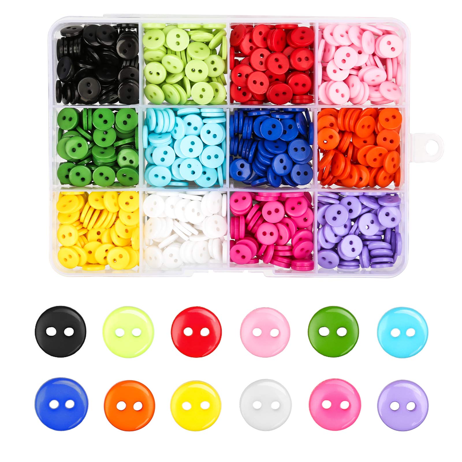 960 Pieces 9mm 12 Colors Round Resin Button Sewing Craft Buttons with Storage PVC Box,for Craft Project, Knitting, Crochet, Kid's Shirt, Crafts DIY, Clothes Sewing, Scrapbook Decoration (2 Holes)