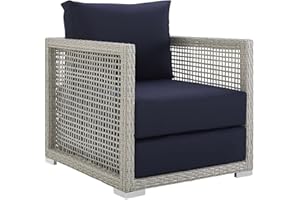 Modway Aura Wicker Rattan Outdoor Patio Arm Chair with Cushions in Gray Navy