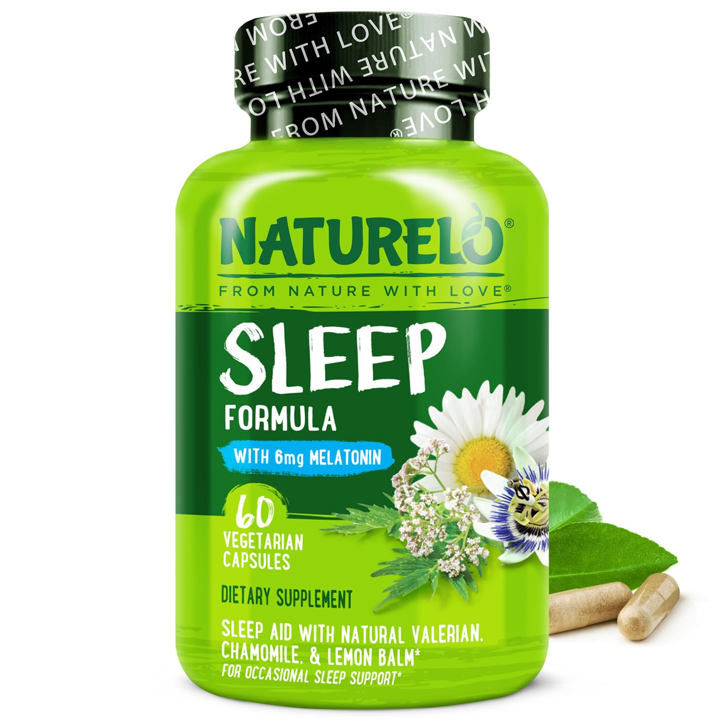 NATURELO Sleep Aid - with Melatonin, Magnesium, GABA, Valerian Root, Lemon Balm, Chamomile Herbal Extracts - Plant-Based Sleeping Aid - 60 Vegan Capsules