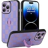 SOKAD for iPhone 14 Pro Max Case with Finger Strap Kickstand, Cute Checkered Checkerboard Phone Case with Finger Hand for Women Men, Slim Full Camera Protection Shockproof Case Cover, Purple