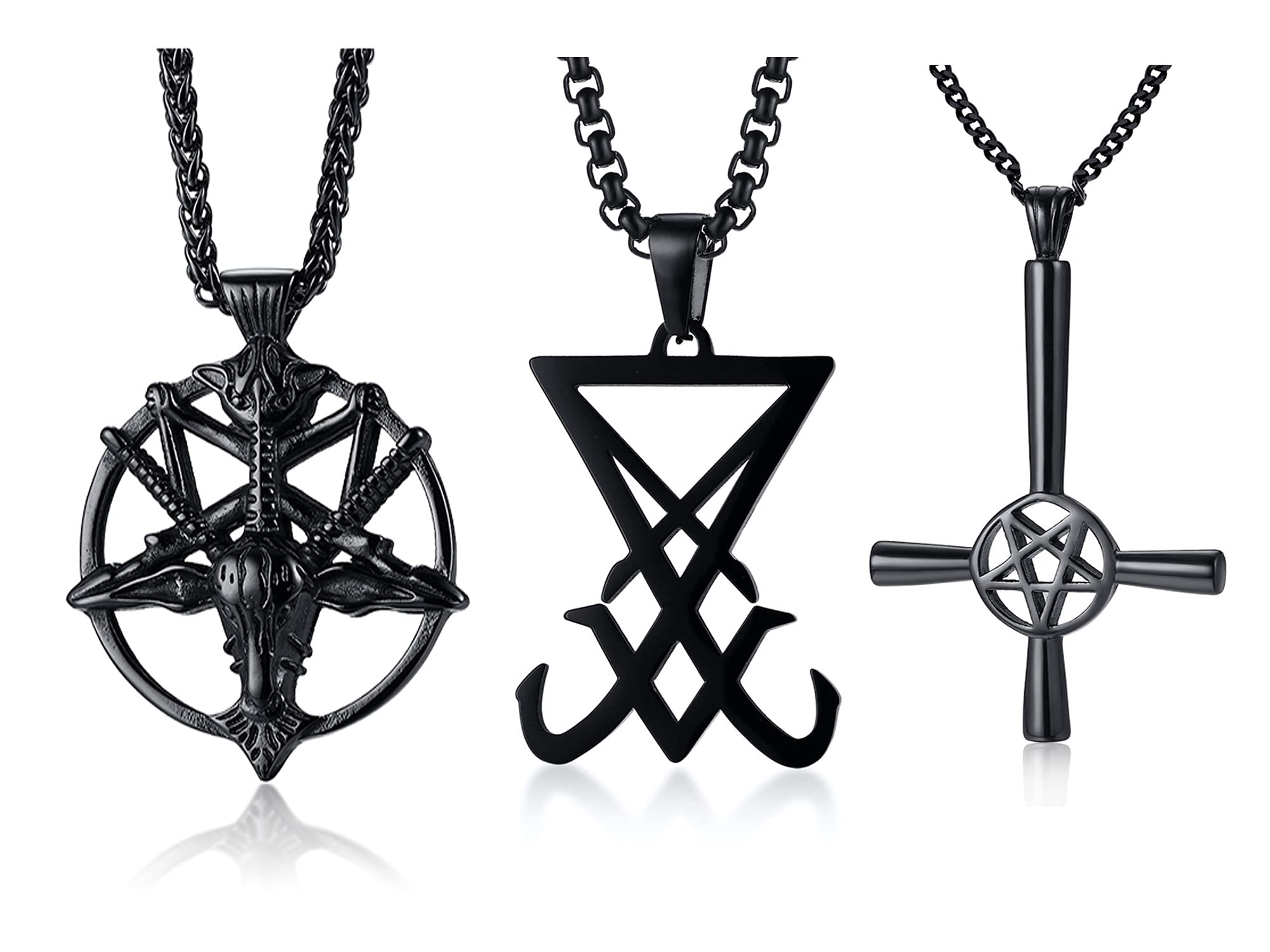 VNOX Stainless Steel Inverted Pentagram Sigil of Lucifer Pagan Occult Seal of Satan Satanic Symbol Pendant Necklace Religious Jewellery,Free Chain (necklace C-3pcs)