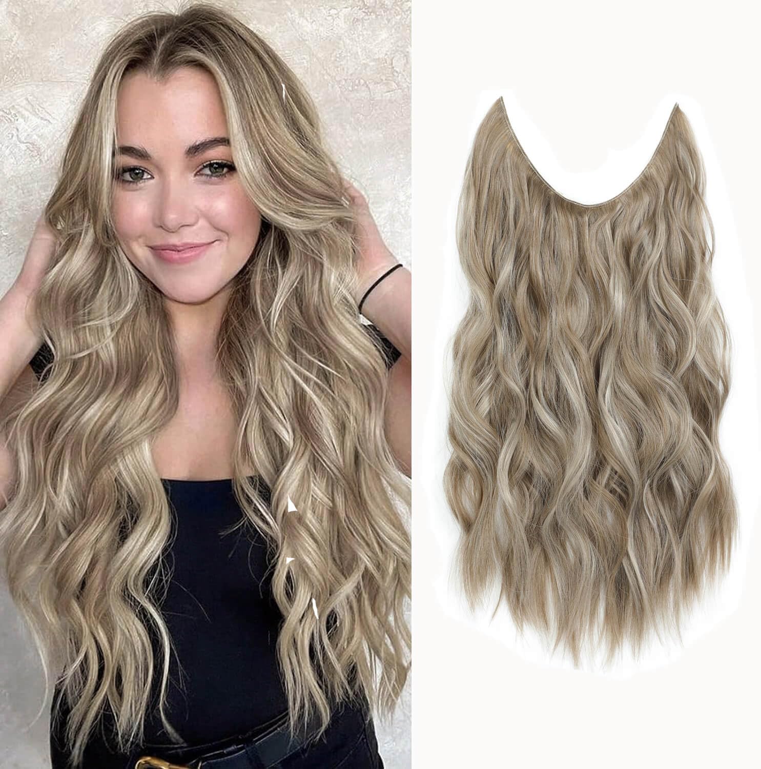 Ms TAj Ash Blonde Halo Hair Extensions 16 inch with Adjustable Size Removable Clips Invisible Secret Synthetic Curly Hairpiece for Women…