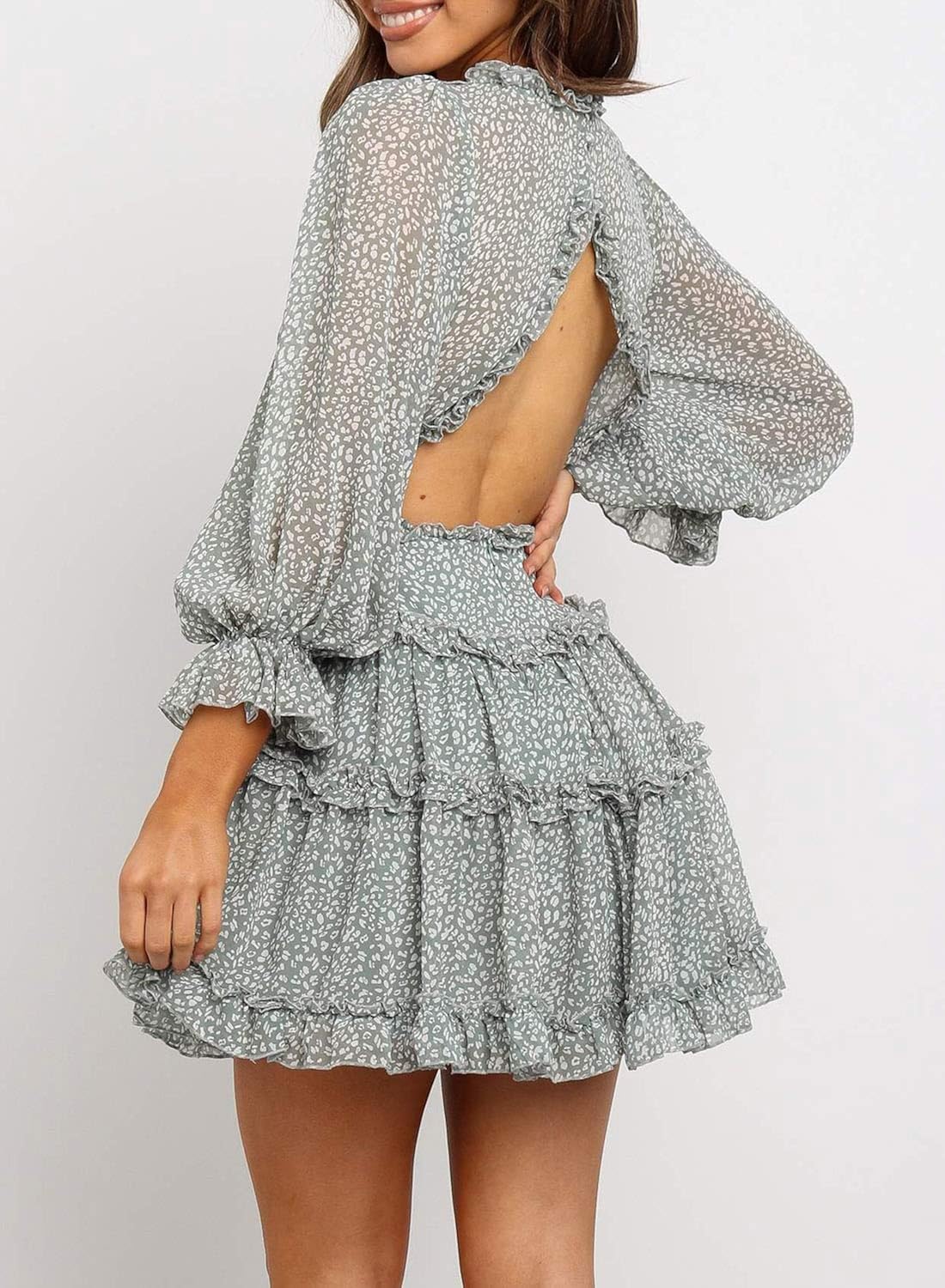 Happy Sailed Women Long Sleeve Ruffle Layer Backless Swing Mini Dresses: Clothing