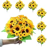6 Pack Artificial Sunflowers Bouquet, Outdoor Artificial Flower with Stems, 60 Silk Sunflowers Heads, Fake Artificial Flowers for Outdoor Indoor Decoration, Wedding Table Home Porch Cemetery Decor