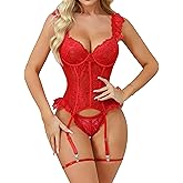 Donnalla Corset Lingerie for Women Sexy Rave Outfits Lace Up Bodysuit with Garter Womens Lingerie Teddy Babydoll Red S