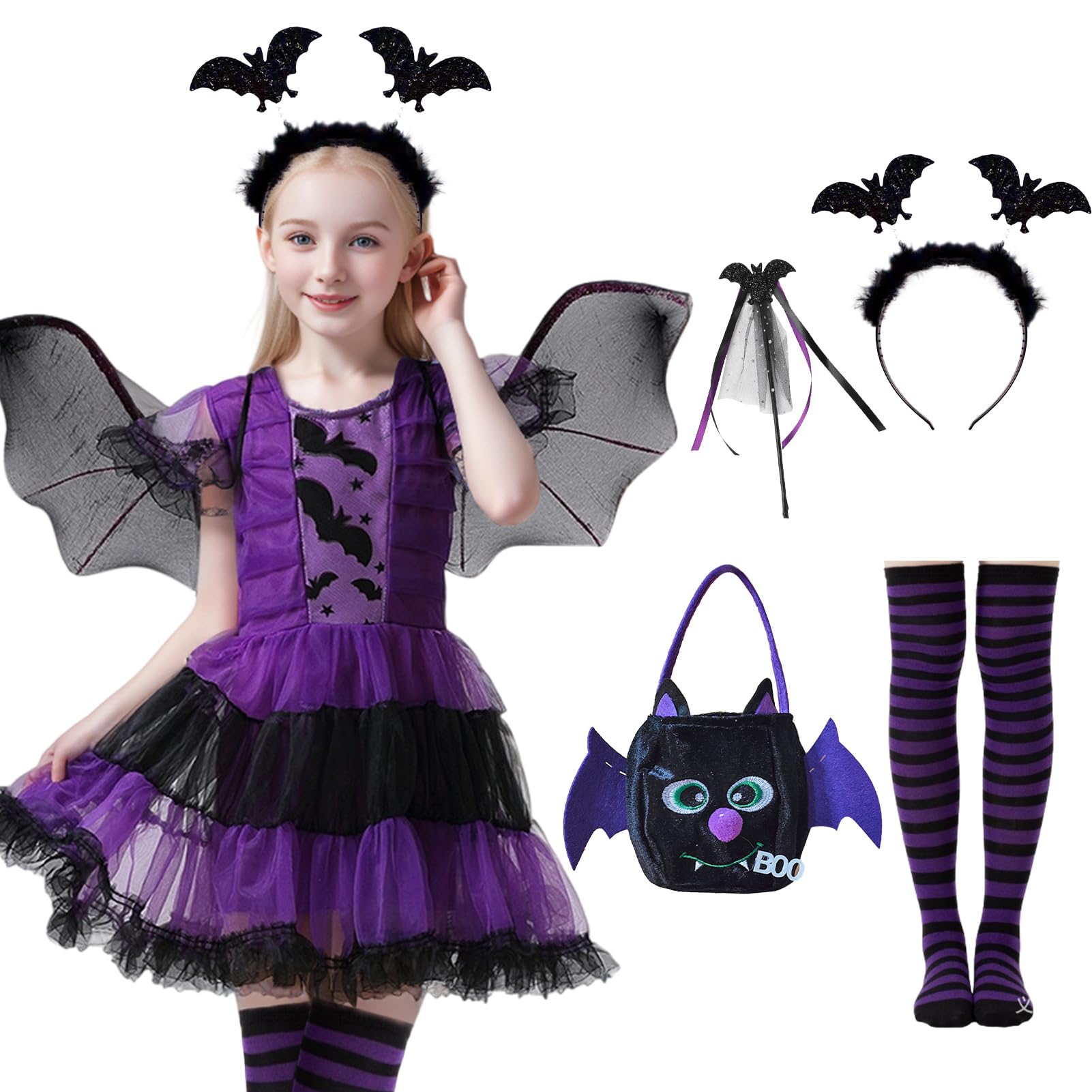 HarnyLoom Bat Vampire Costume Kids Halloween Costumes Girls Bat Tutu Dress with Bat Wings Headband Candy Bag Magic Wand Outfit Fancy Dress Up Halloween Party Vampire Princess (150 (12-14 years))