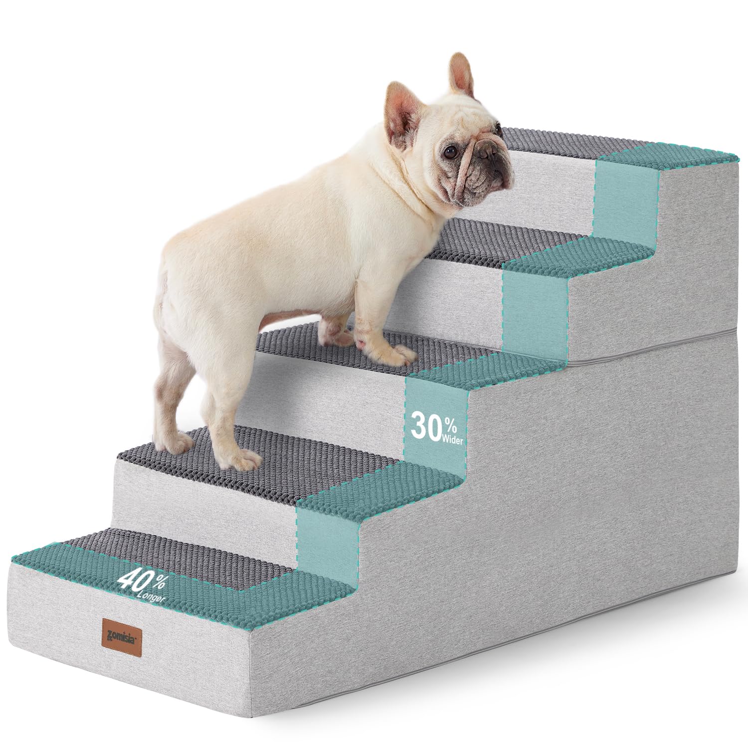 ZOMISIA Dog Steps for Large Dogs - Extra Wide Dog Stairs for High Bed 2 in 1 with Zippers Suitable, Foam Pet Stairs with Non Slip Bottom Grey 5 Steps, Grey