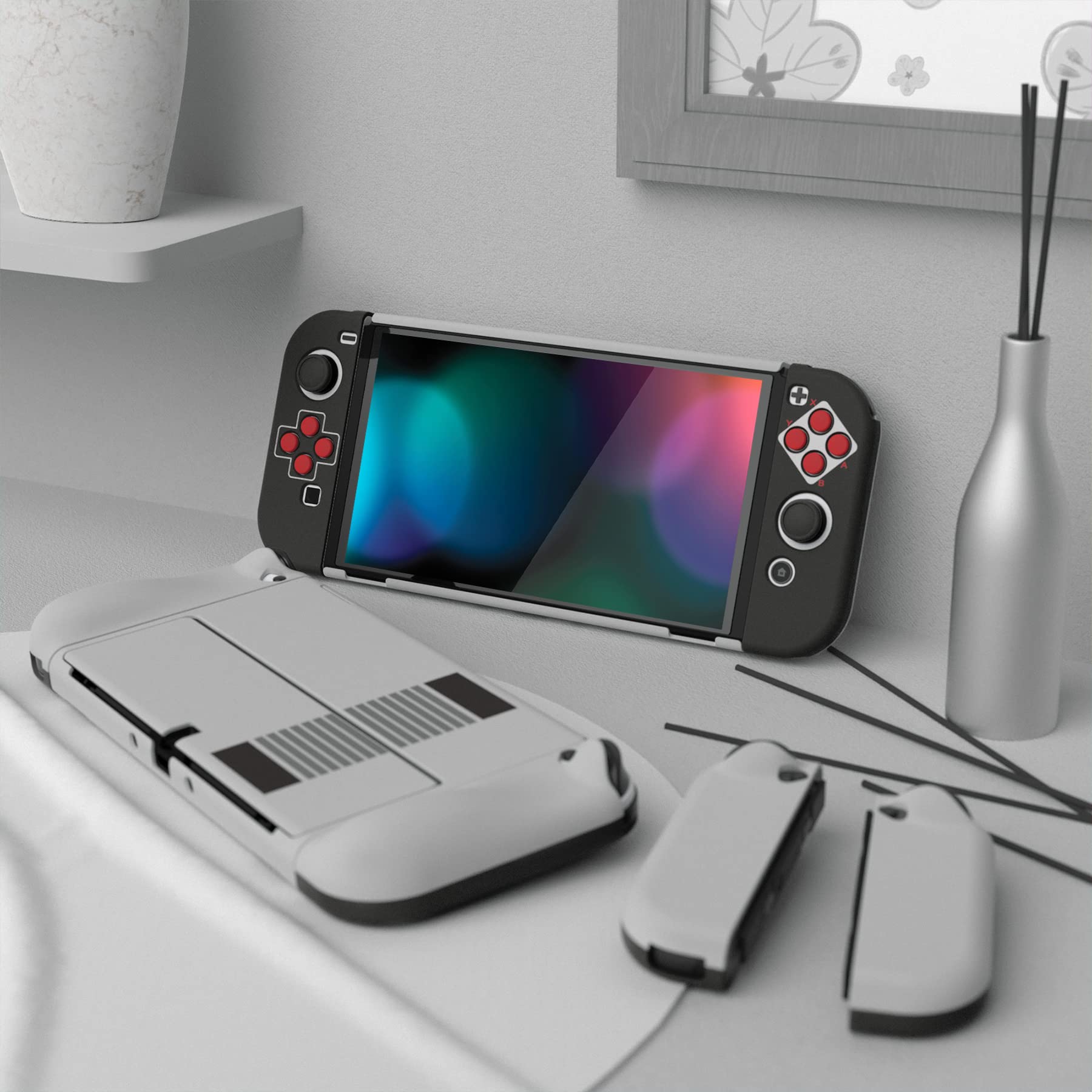 AlterGrips Protective Slim Case for Nintendo Switch OLED, Ergonomic Grip Cover for Joycon, Dockable Hard Shell for Switch OLED w/Thumb Grip Caps & Button Caps