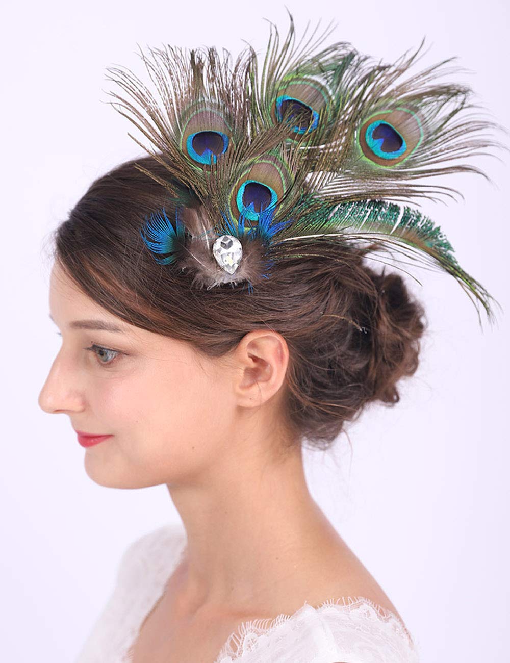 Anglacesmade Bridal Feather Hair Clip Peacock Feather Fascinator Feather Brooch for Wedding Prom Festival Party 20s Flapper Headpiece for Women and Girls