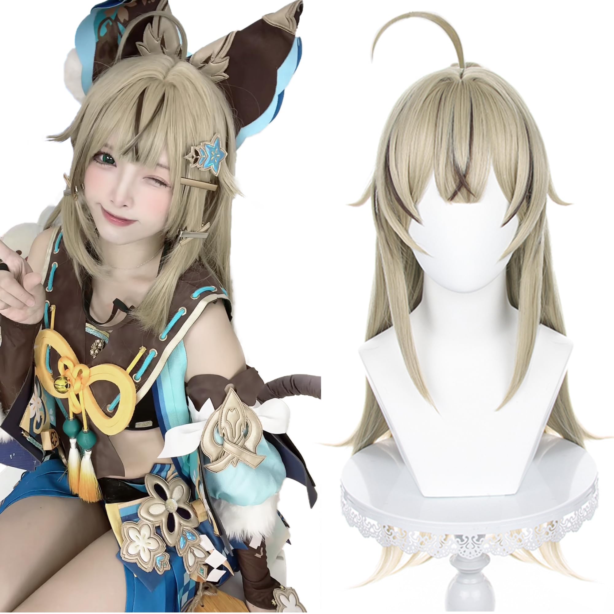 Lime Brown Long Straight with Ponytail Bangs Heat Resistant Synthetic for Women Halloween Cos Anime Party Replacement Wigs — image 1