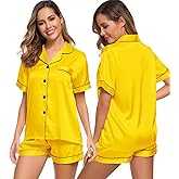 SWOMOG Womens Silk Satin Pajamas Set Short Sleeve Sleepwear Button Down Top and Shorts Loungewear 2 Piece Pjs Set XS-3XL