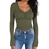 Prettywear Women Long Sleeve Henley Shirts V Neck Button Tight Slim Fitted Top Going Out Tees 2025 Trendy Spring Fall