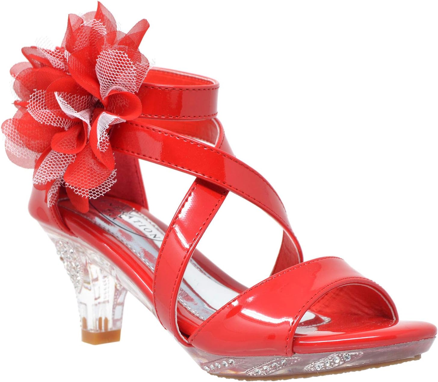 Generation Y Kids Dress Sandals Girls Clear Rhinestone Low Heels Side Flower Back Zipper Open Toes
