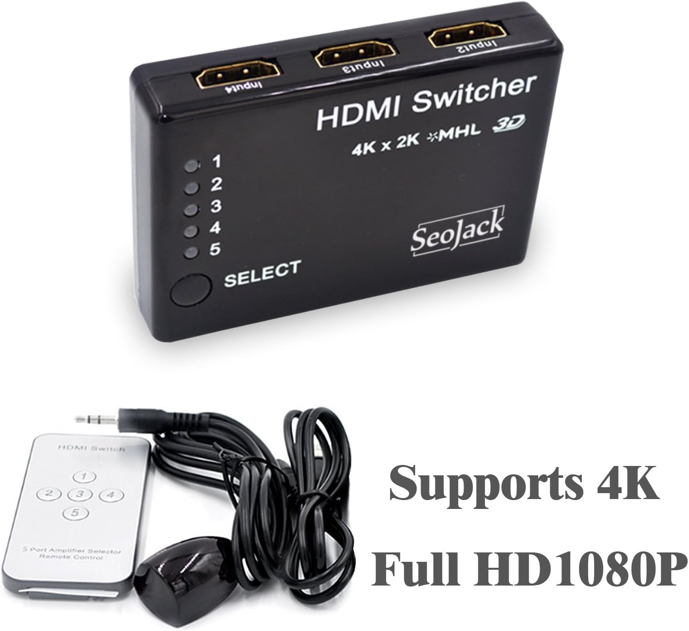 SeoJack Intelligent 5-Port Full HD1080p HDMI Switch，Supports 4K and 3D Switcher with IR Remote and AC Adapter