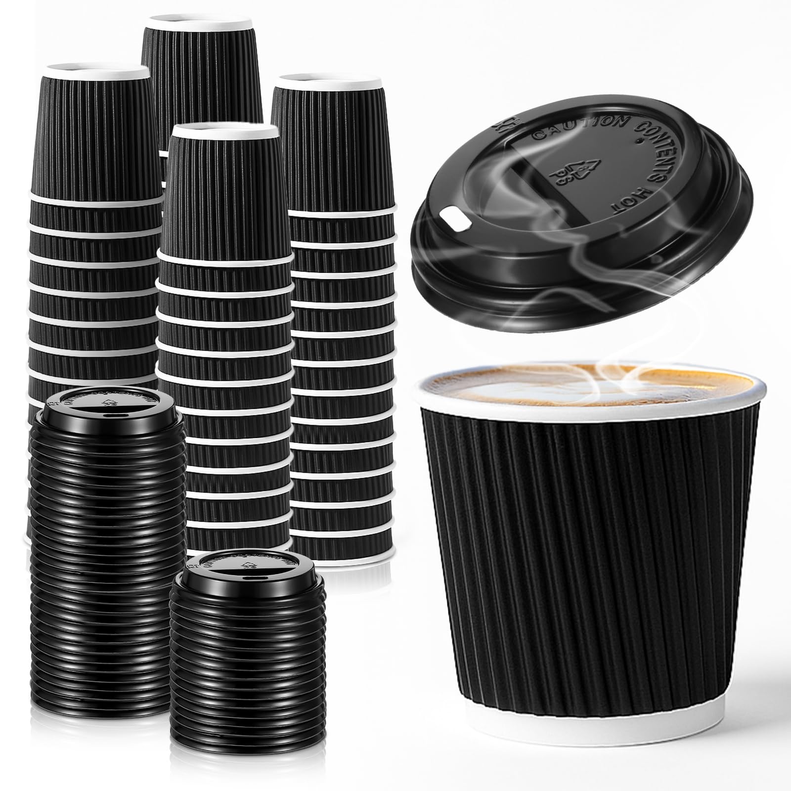 Photo 1 of 100 Set 4oz Disposable Espresso Cups with Lids, Black Ripple Corrugated Paper Disposable Mini Espresso Paper Cups Hot/Cold Drinking Insulated Hot for Party Picnic Travel Events Chocolate Tea Drinks