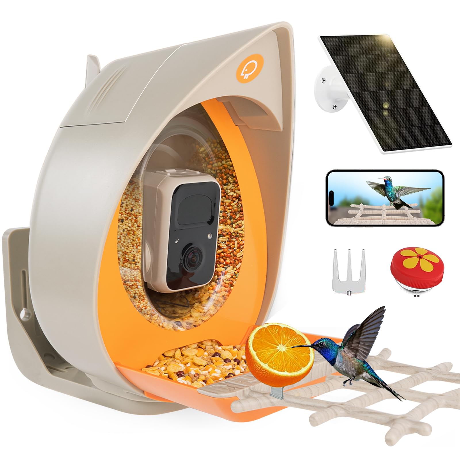 Photo 1 of ***parts only****missing parts**Bird Feeder with Camera Solar Powered, Smart Birds Feeder for Outside, AI Bird Identification Auto Capture Videos Pictures, 2K Live Feed Cam for Backyard, Ideal Gift for Birds Lover (Orange)