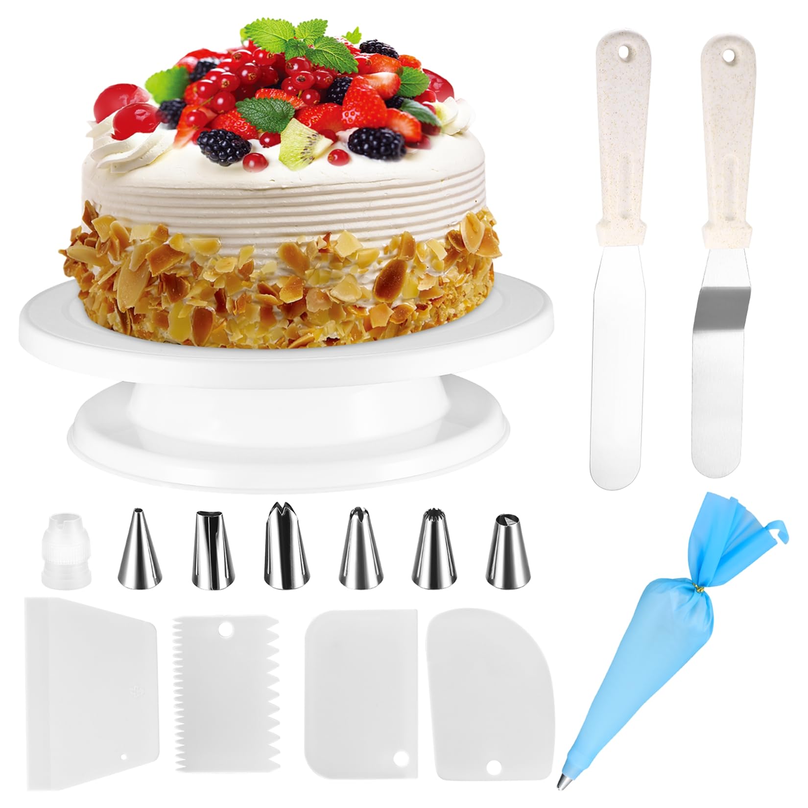 Cake Decorating Kit Tools, Rotating Cake Turntable, Scrapers, Spatula, Icing Piping Kit with Nozzles, TPU Bags, for Decorating Cakes Baking Set