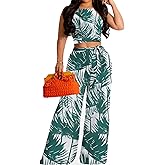 Elegant 2 Piece Sets for Women Sexy Printing Crop Top Long Straight Pants Vacation Outfits Beach