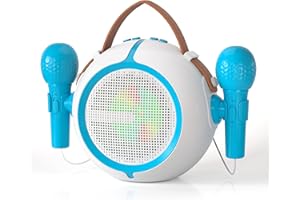 JUNGLE MONSTER Karaoke Machine for Kids, Portable Bluetooth Speaker with 2 Microphones, Rechargeable Battery, FM Radio, USB Playback, LED Lights for Boys & Girls (Blue)