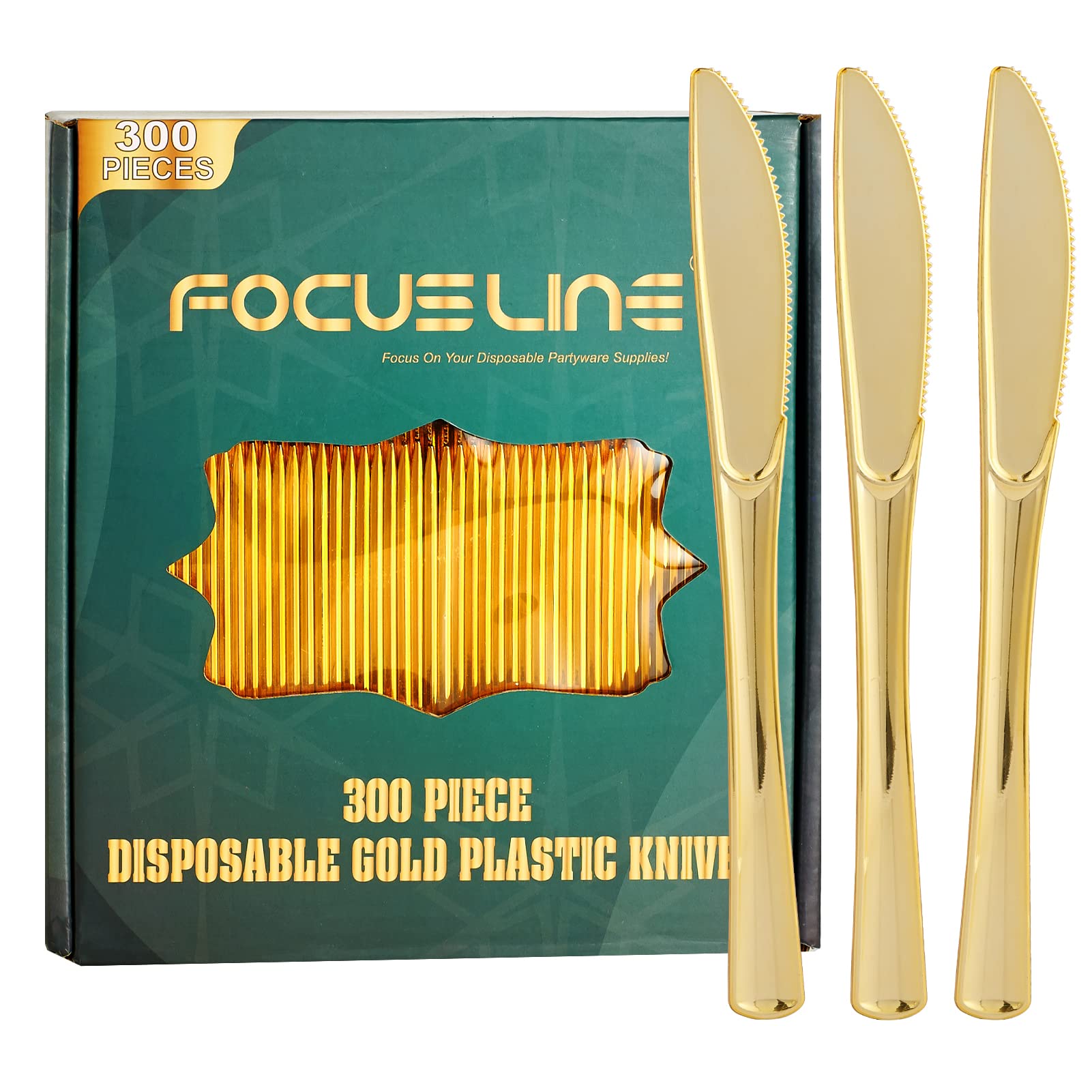 Photo 1 of FOCUSLINE 300 Pack Disposable Gold Plastic Knives, Solid and Durable Plastic Cutlery Knives, Heavy Duty Disposable Utensil Silverware for Catering, Parties, Dinners, Weddings