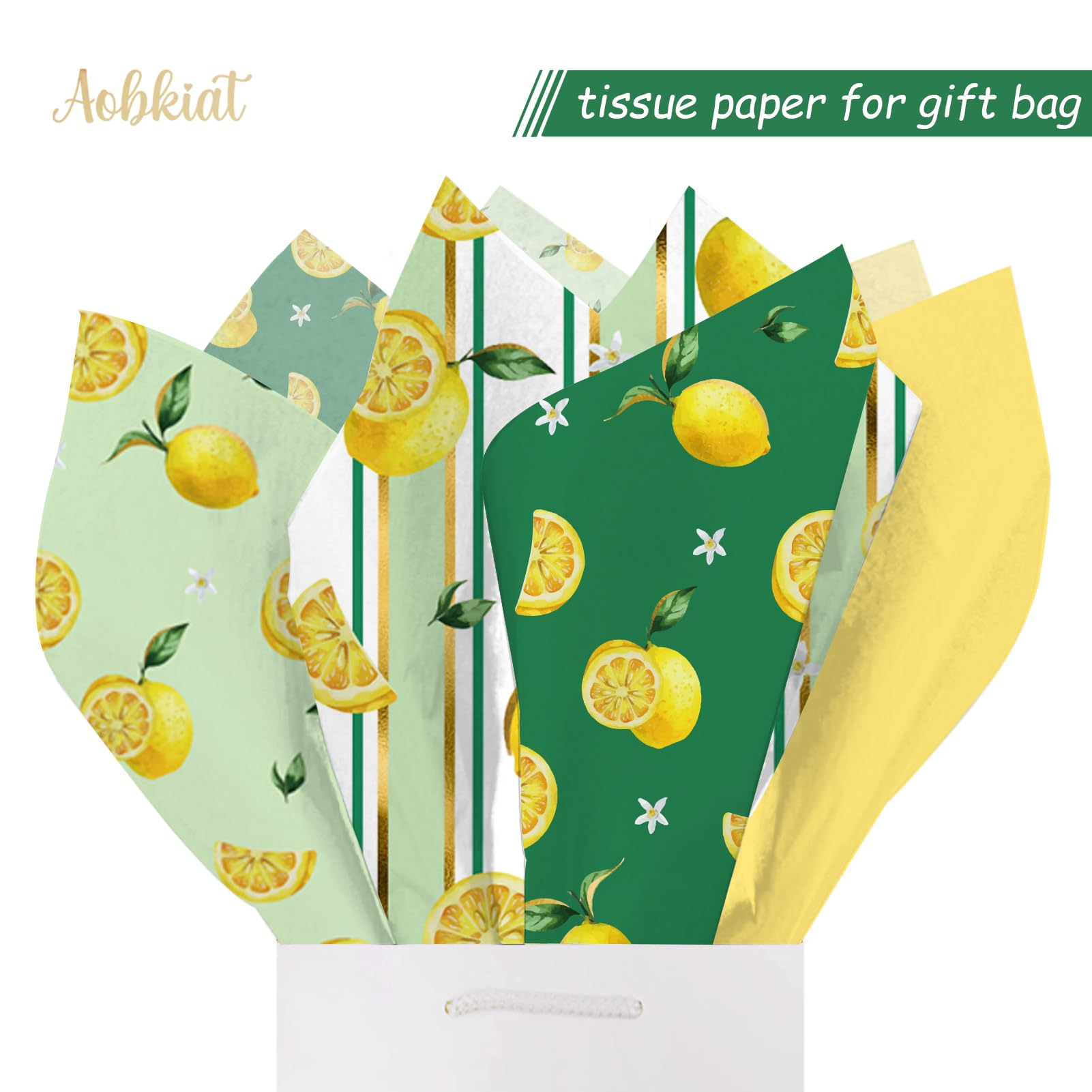 Aobkiat 24 Sheet Lemon Tissue Paper for Gift Bags,Yellow Green Lemon Pattern Wrapping Tissue for Spring Summer Birthday Baby Shower Party Present Packaging,20 x 15 Inch/Sheet