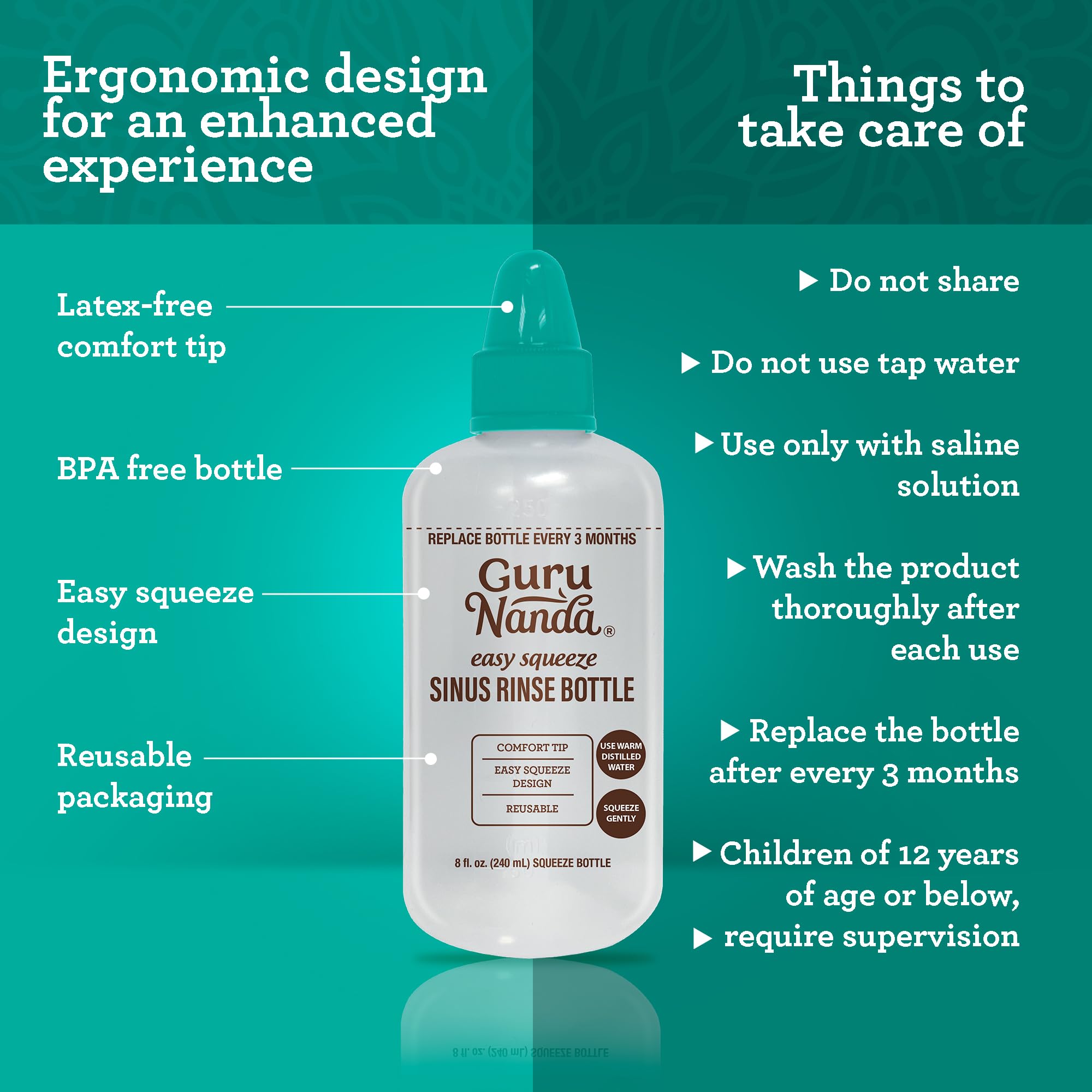 GuruNanda Sinus Rinse Bottle - Comfort Tip for Natural Nasal Irrigator Relief for Adults & Kids - 240ml Capacity