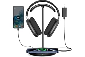 Miroddi Headphone Stand with Wireless Charger, Independent USB Charging Port, 5 in 1 Charging Station Headset Holder Rack for AirPods Max/Pro/4/3/2, iWatch, iPhone, Samsung and Desk Headphones, Black