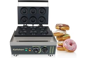 KOFOHON Commercial Donut Maker 6 Holes Waffle Cake Machine 1600W 110V Non Stick Coating Double-Side Heating Timer and Temperature Control Stainless Steel Use for Bakery,Dessert shop,Dessert shop
