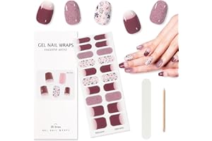 TOROKOM Cured Gel Nail Strips, 20PCS Purple French Nail Strips Full Nail Wraps Strips,Self-Adhesive Glitter Gel Nail Strips with Nail File, Stick & Sealing for Women Girls DIY Manicure Decor