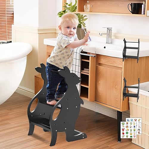 Wooden 2 Step Stool for Kids, Adjustable Toddler Learning Standing Ladder Tower with Safety Rail and Anti-Slip Step, Kitchen Toddler Stool Helper for Bathroom Sink Toilet Potty Training (Black)