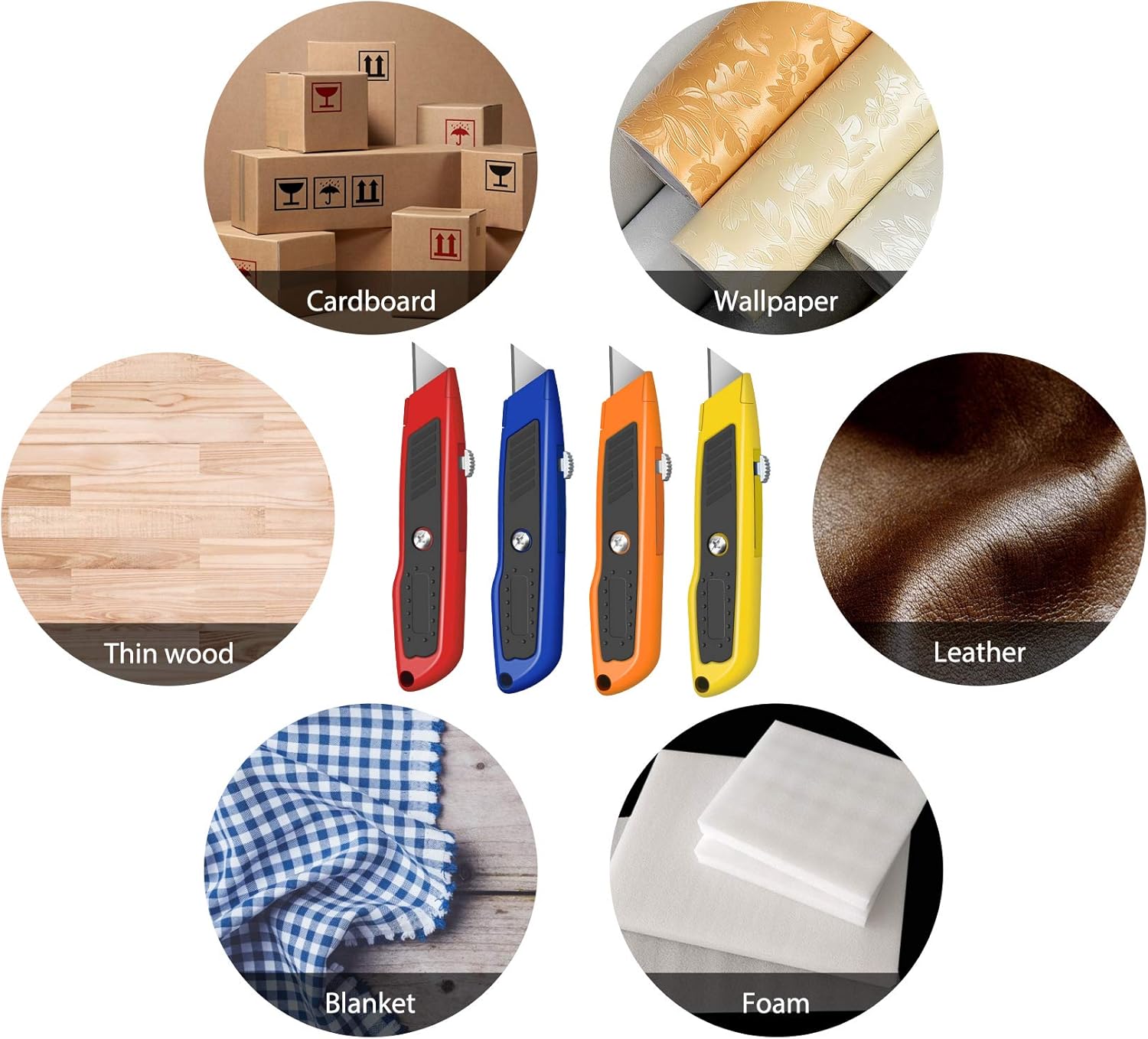 4-PACK Box Cutter Colorful Utility Knife Heavy Duty Aluminum Shell Box Cutters Retractable for Cartons, Cardboard, Boxes - - 